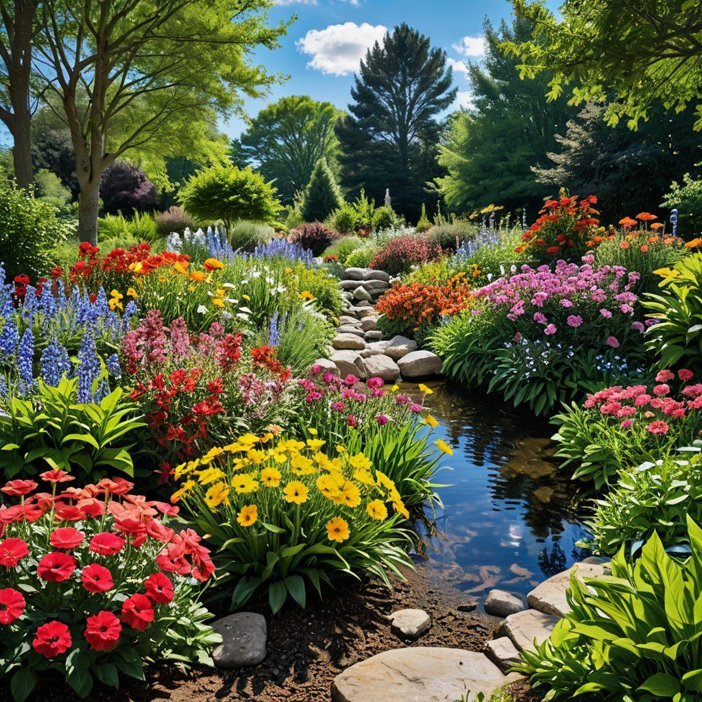 A serene garden bursting with colorful flowers and a bright blue sky, featuring a diverse group of people joyfully engaging in various activities like gardening, laughing, and sharing, alongside a gentle stream flowing through the scene. The atmosphere is vibrant and uplifting, symbolizing happiness and fulfillment. super-realistic. vibrant colors. blissful ambiance.