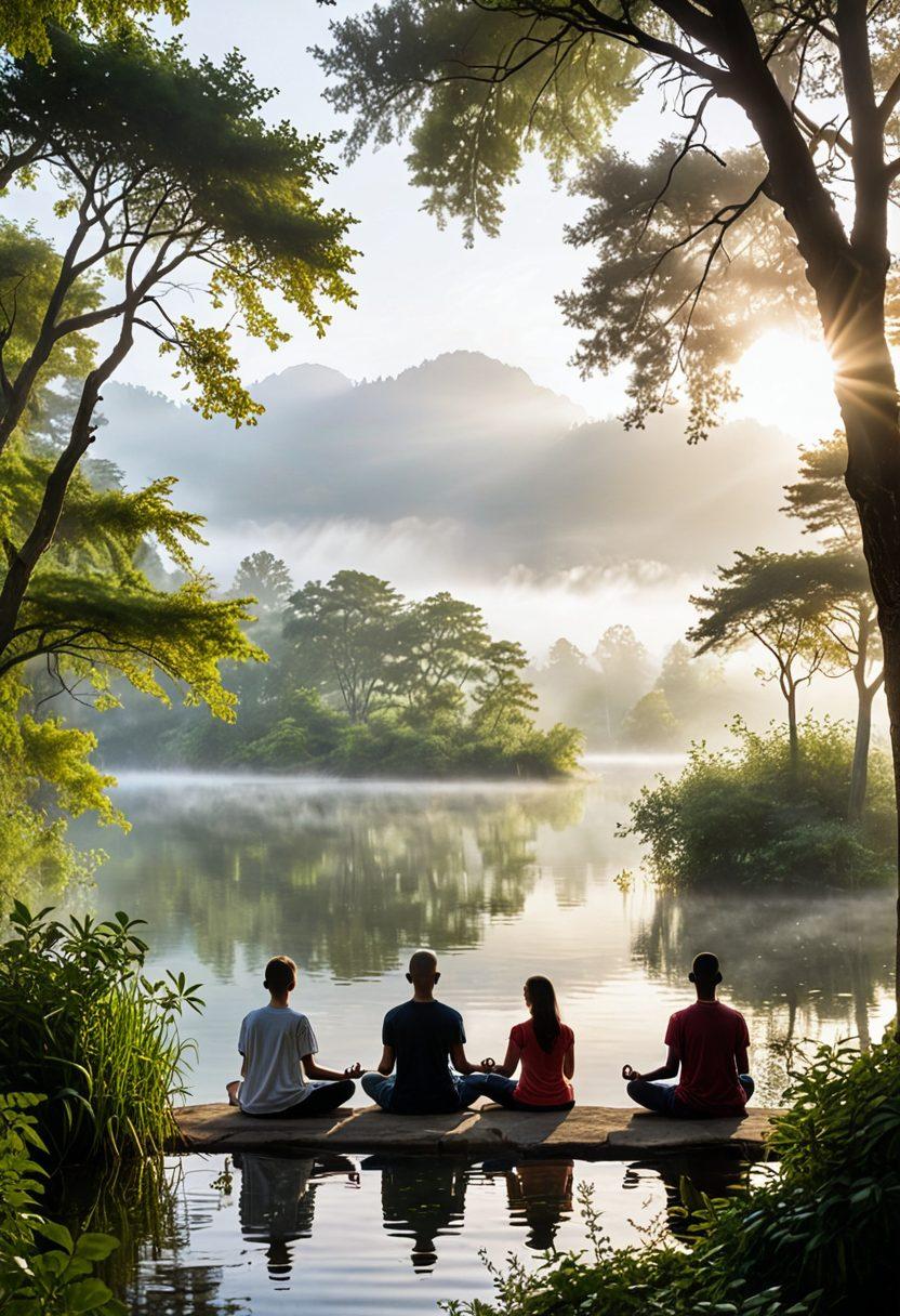 A serene landscape featuring a tranquil lake surrounded by lush greenery, with a soft morning fog hovering above. In the foreground, a diverse group of people, practicing mindfulness through meditation, connected by gentle hand-holding and warm smiles. Delicate rays of sunlight breaking through the clouds, casting a peaceful glow over the scene. The overall atmosphere should evoke a sense of calm, connection, and inner peace. super-realistic. vibrant colors.