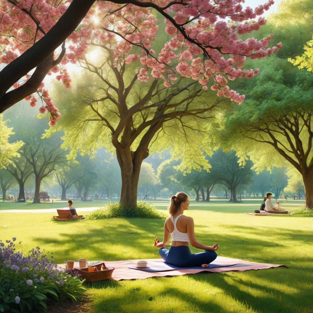 A serene landscape showcasing a peaceful park with people engaging in joyful activities like yoga and reading under blooming trees, colorful flowers, and gentle sunlight streaming through the foliage. Include elements like a picnic setup, a journal, and a cup of tea to symbolize nurturing emotional health. Emphasize vibrant colors and a sense of tranquility. super-realistic. vibrant colors. natural setting.